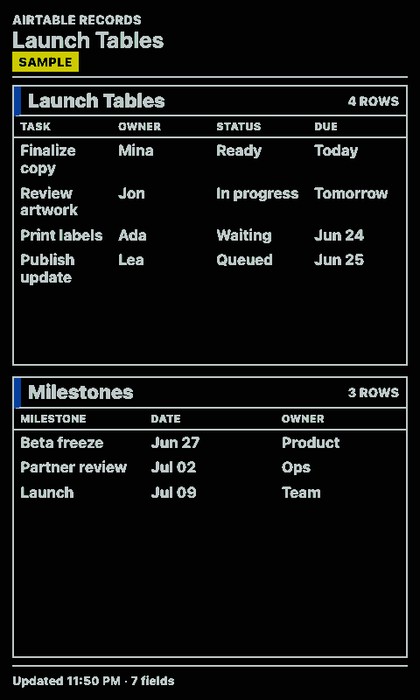 Airtable Screenshot, Launch-Tabellen im Hochformat