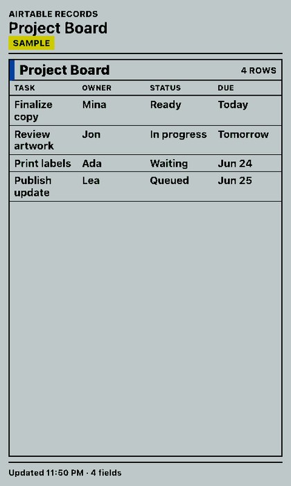 Airtable Screenshot, Projektboard im Hochformat