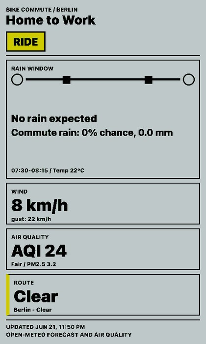Bike Commute Card Screenshot, Home-to-Work Route im Hochformat