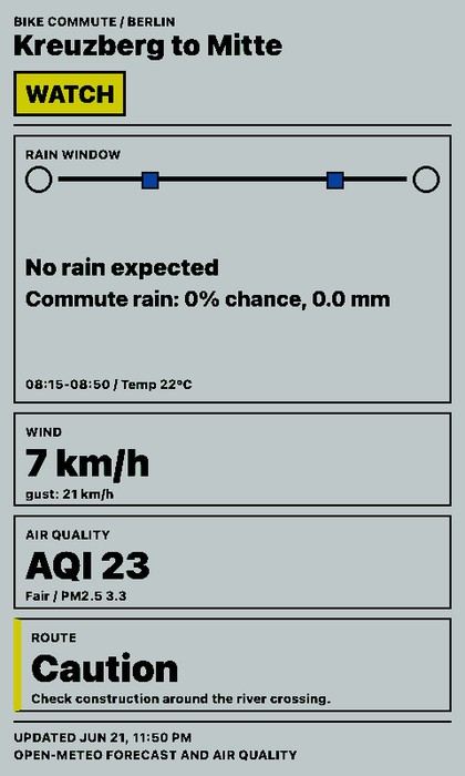 Bike Commute Card Screenshot, Kreuzberg nach Mitte im Hochformat