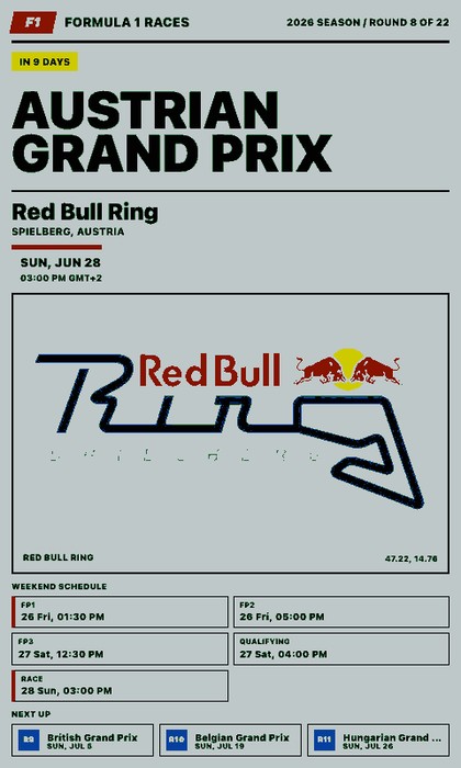 Formel-1-Rennen Screenshot: kommende Rennen im Hochformat