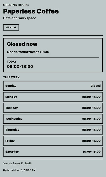 Öffnungszeiten Screenshot: Cafe-Wochenplan im Hochformat