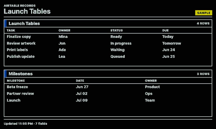 Airtable Screenshot, Launch-Tabellen im Querformat