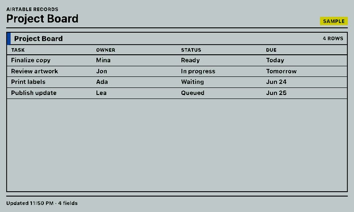 Airtable Screenshot, Projektboard im Querformat