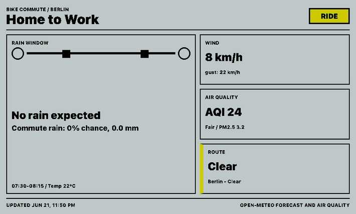 Bike Commute Card Screenshot, Home-to-Work Route im Querformat
