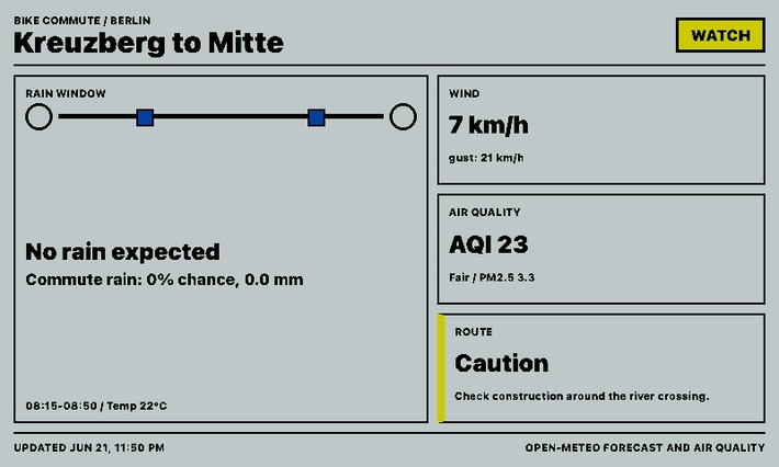 Bike Commute Card Screenshot, Kreuzberg nach Mitte im Querformat
