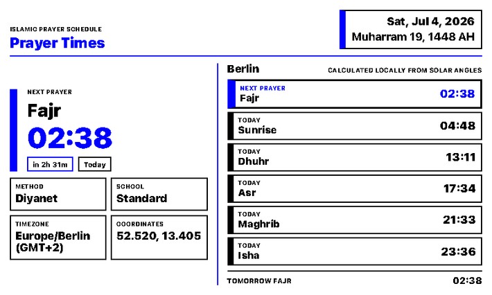 Islamische Gebetszeiten Screenshot, Berlin mit Diyanet-Methode im Querformat