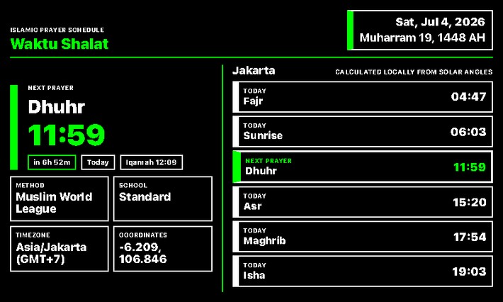 Islamische Gebetszeiten Screenshot, Jakarta mit Iqamah im Querformat
