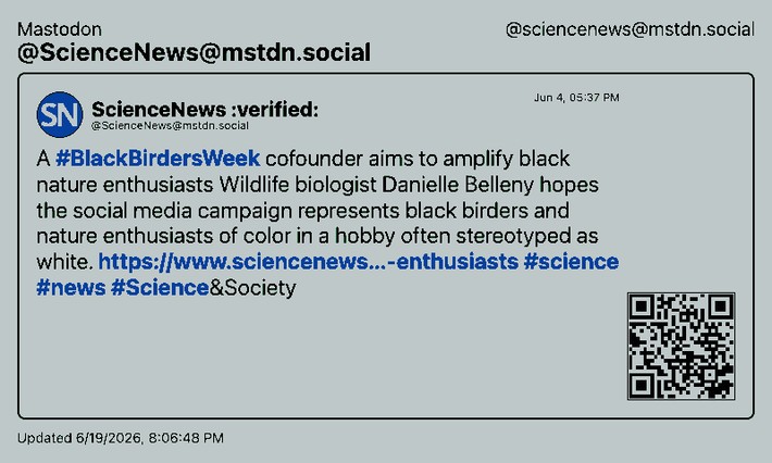 Mastodon Screenshot, Wissenschaftsprofil als Einzelpost im Querformat