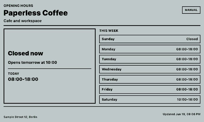 Öffnungszeiten Screenshot: Cafe-Wochenplan im Querformat