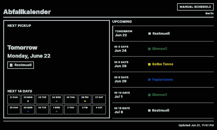 Abfallkalender Screenshot: deutsche Termine im Querformat
