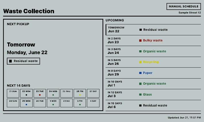 Abfallkalender Screenshot: Beispieladresse im Querformat