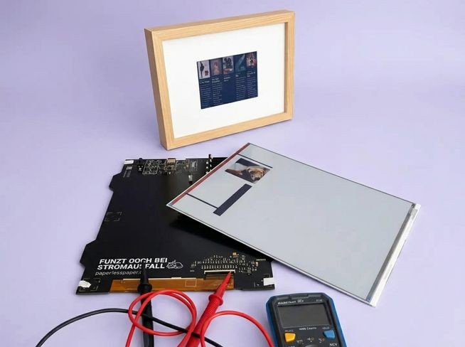 – OpenPaperL-Platine und Display liegen vor einem fertigen OpenPaper7, daneben ein Messgerät