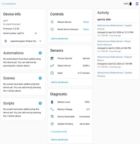  – Ein Screenshot welcher einen Überblick über das Home Assistant Dashboard für paperlesspaper-Rahmen zeigt