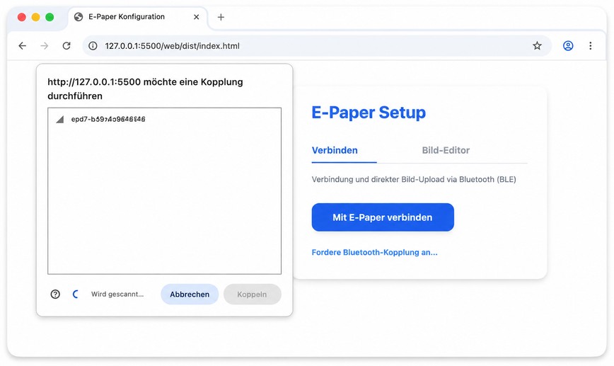 Ein Screenshot des Webinterfaces welches eine Verbindung per BLE zum OpenPaper Bilderrahmen herstellt