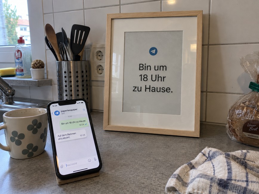 Telegram-Nachricht „Bin um 18 Uhr zu Hause.“ auf einem Handy und einem OpenPaper 13 in einer Küche.