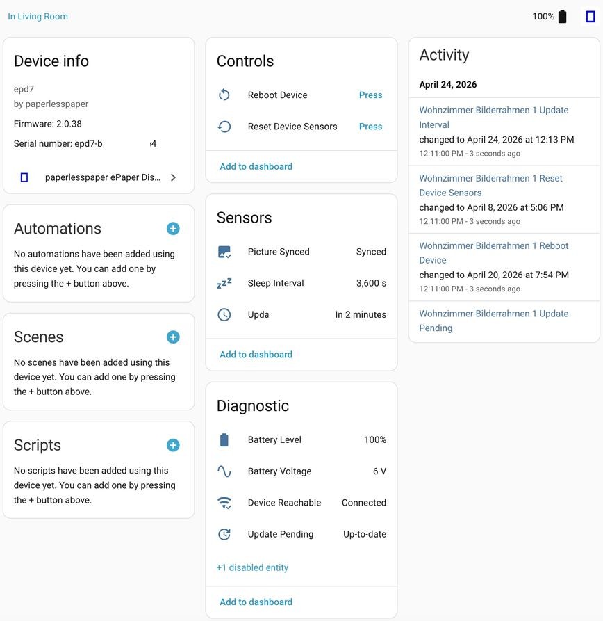 Ein Screenshot welcher einen Überblick über das Home Assistant Dashboard für paperlesspaper-Rahmen zeigt